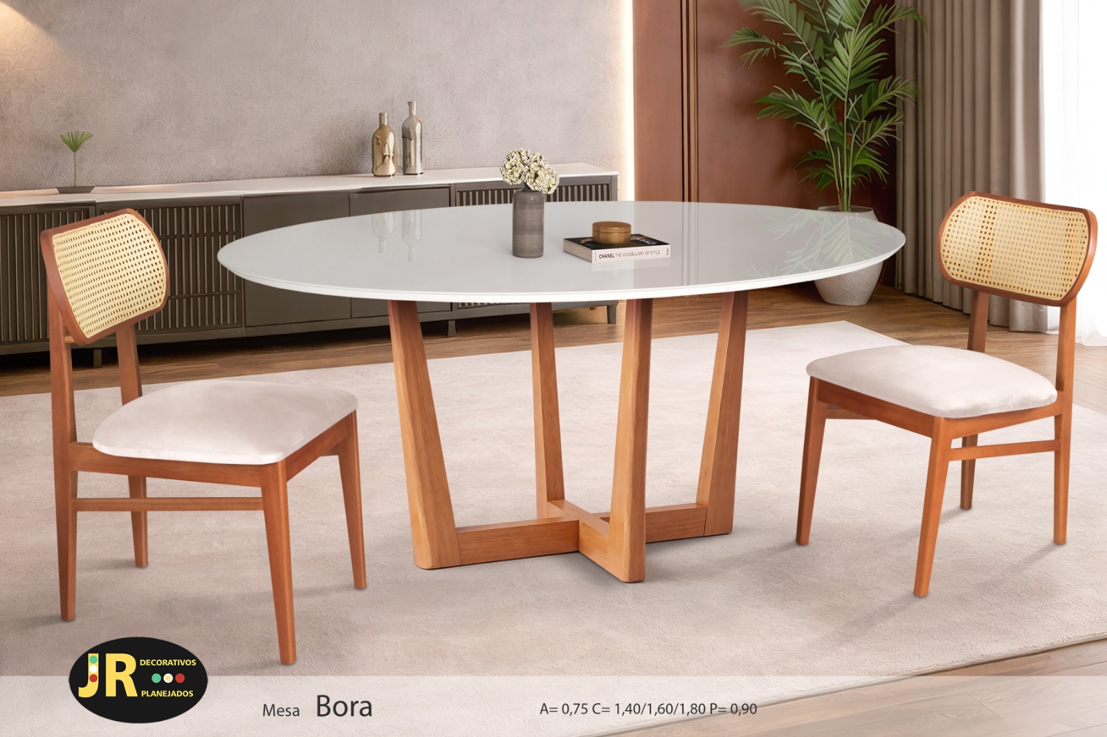 Mesa Bora — mesa de jantar oval em madeira + vidro, fabricação própria JR Decorativos, Ubá MG