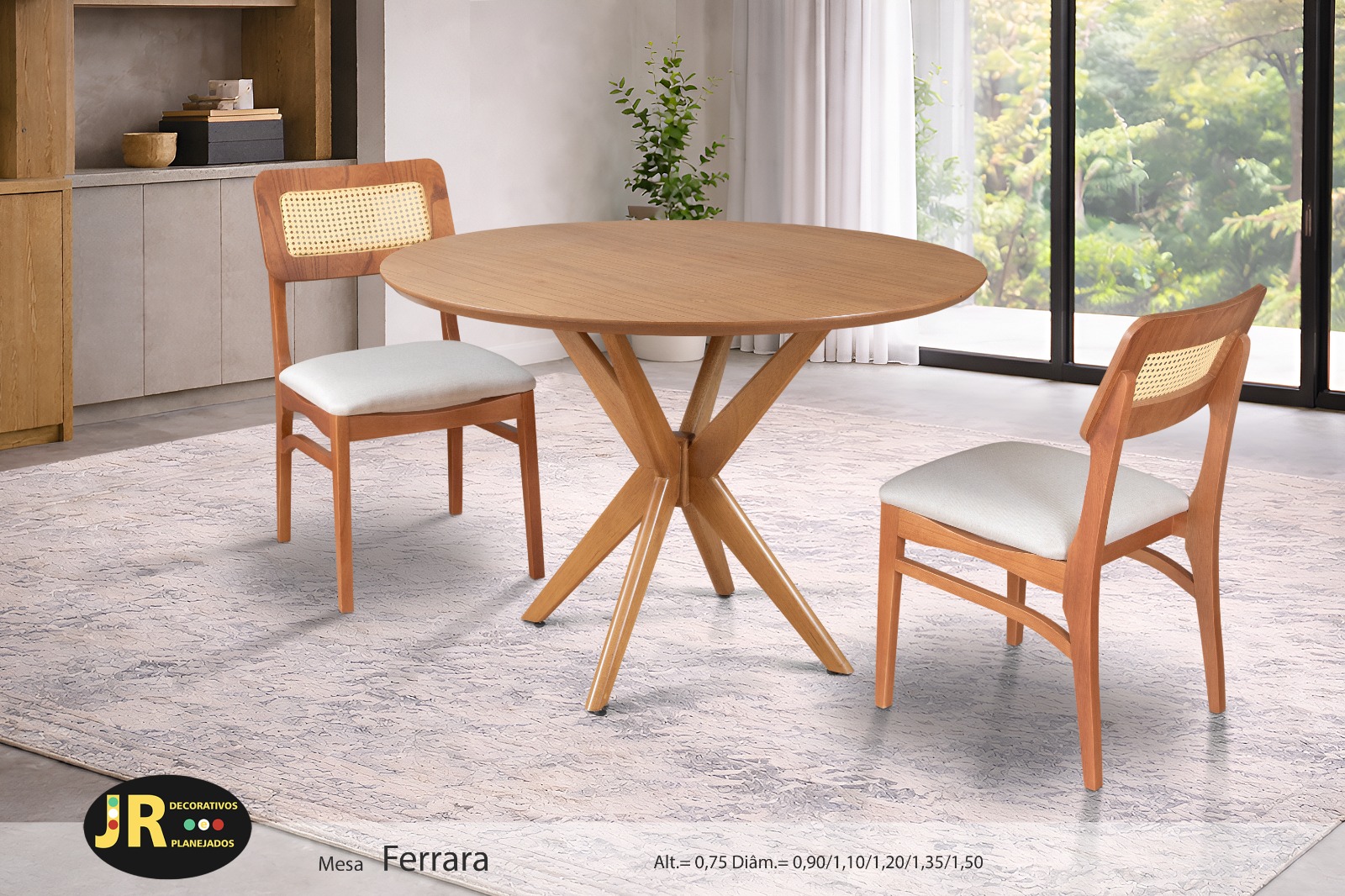 Mesa Ferrara — mesa de jantar redonda em madeira maciça, fabricação própria JR Decorativos, Ubá MG
