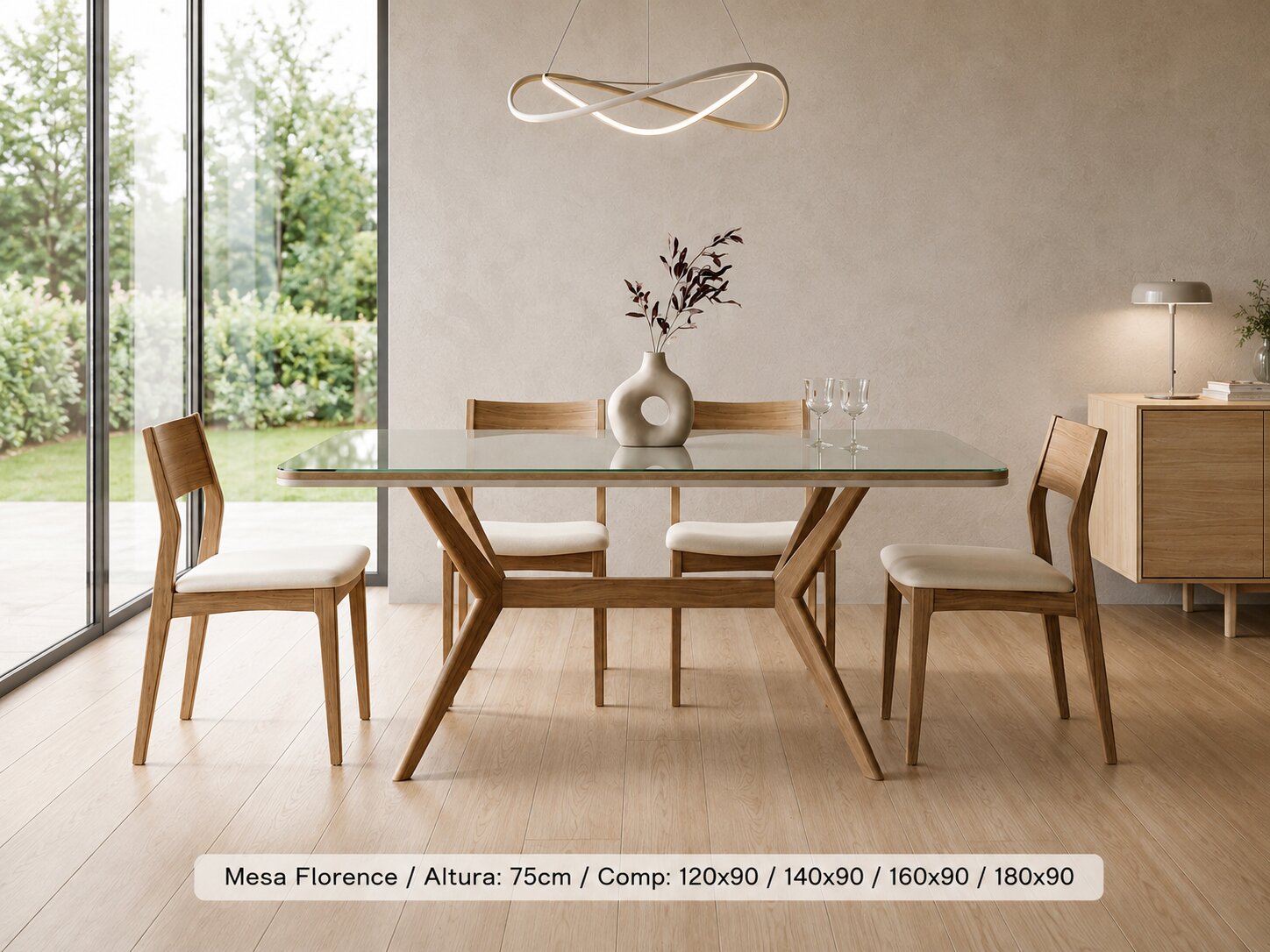 Mesa Florence — mesa de jantar retangular em madeira + vidro, fabricação própria JR Decorativos, Ubá MG