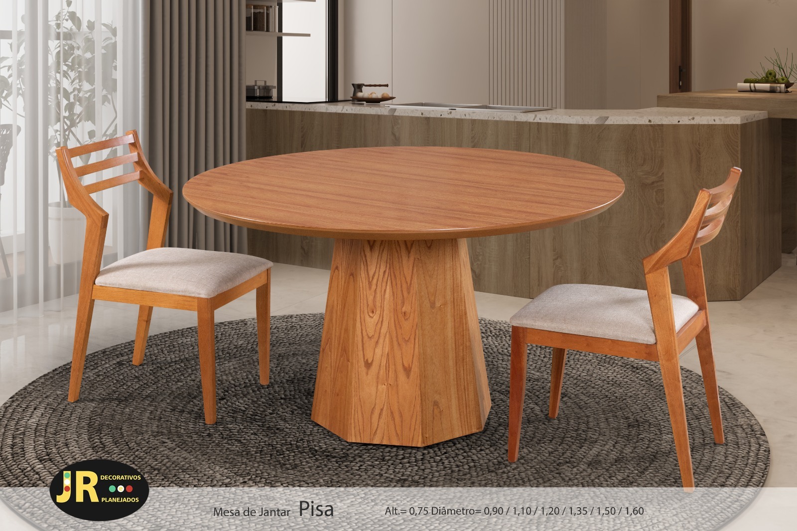 Mesa Pisa — mesa de jantar redonda em madeira maciça, fabricação própria JR Decorativos, Ubá MG