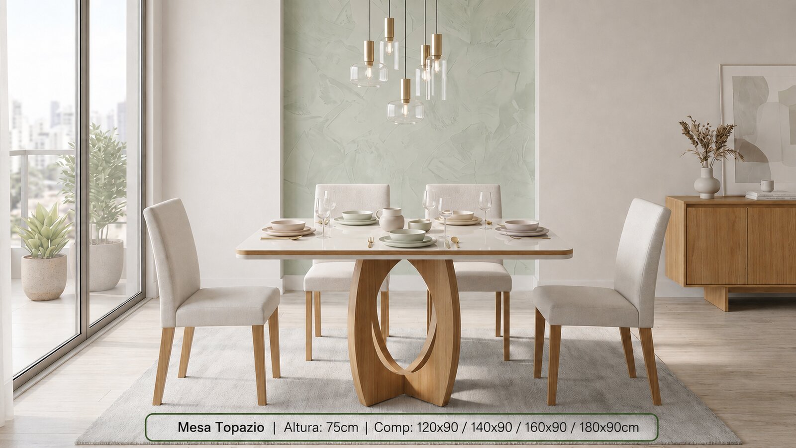 Mesa Topazio — mesa de jantar retangular em madeira + porcelanato, fabricação própria JR Decorativos, Ubá MG
